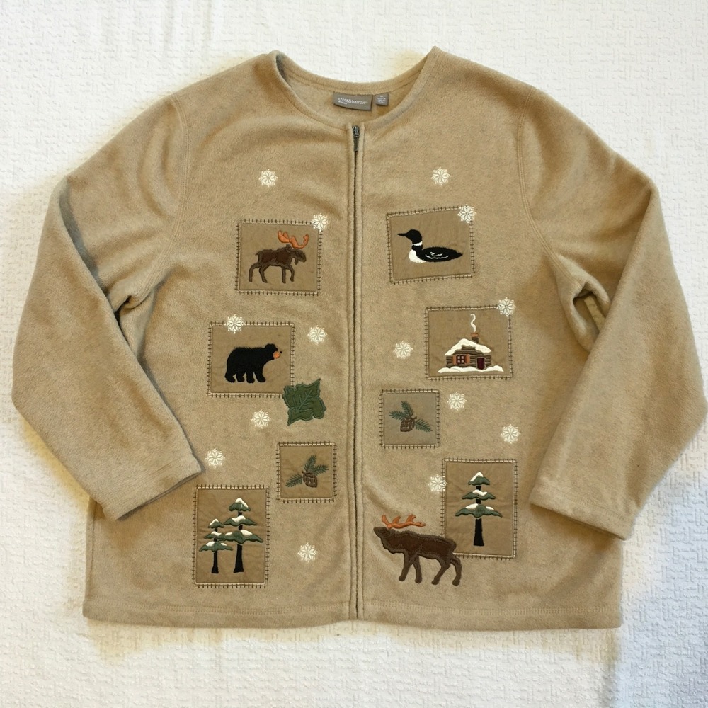 Croft & Barrow Women's Fleece Zip Up Jacket‎ Nature Embroidered Grannycore 1X